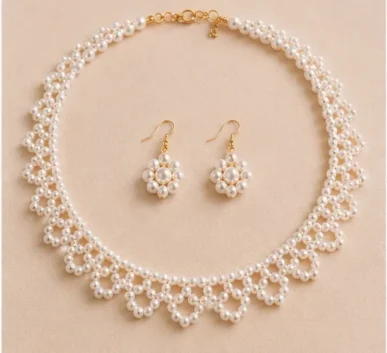 Pearl Necklace and Earrings Jewellery Set