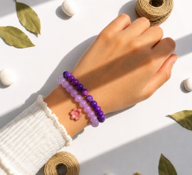 Purple Beaded Flower Charm Bracelet