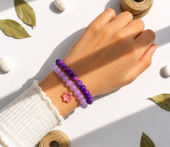 Purple Beaded Flower Charm Bracelet