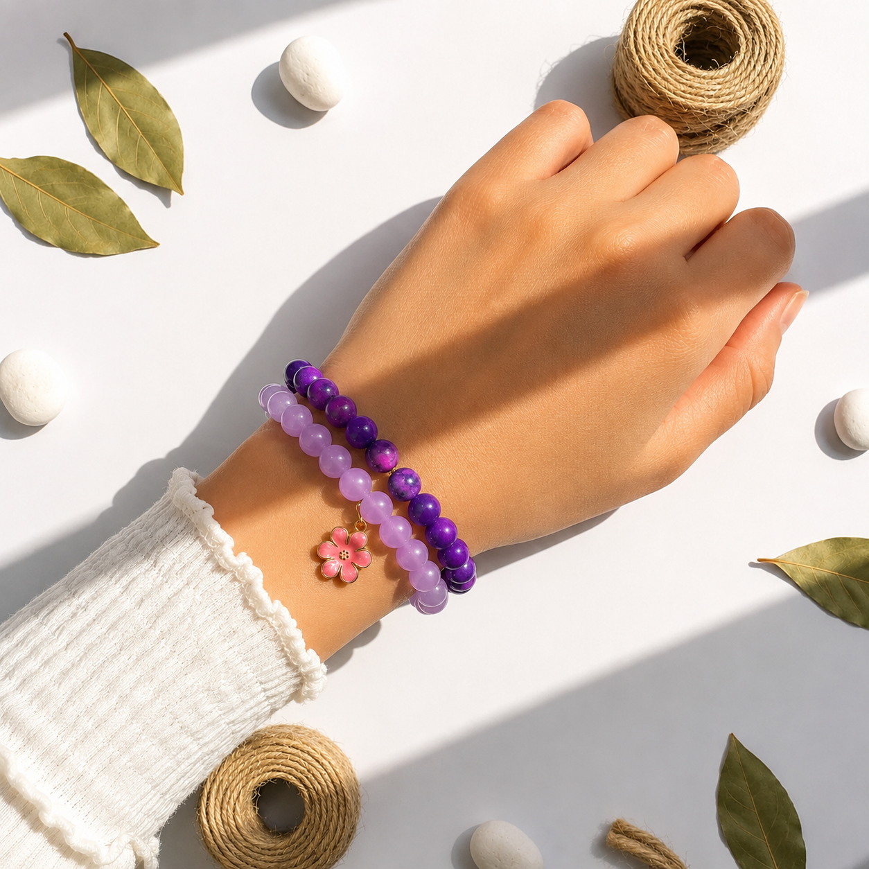 Purple Beaded Flower Charm Bracelet