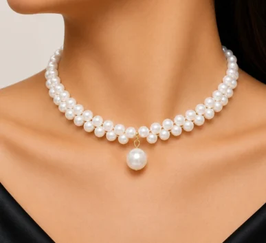 Double Strand Pearl Choker with Drop Pendant