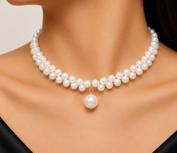 Double Strand Pearl Choker with Drop Pendant