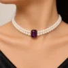 Double Strand Pearl Choker with Purple Gemstone