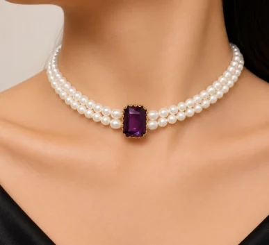 Double Strand Pearl Choker with Purple Gemstone