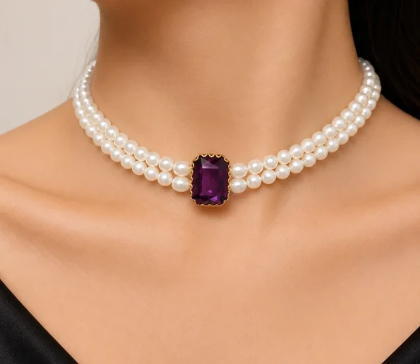 Double Strand Pearl Choker with Purple Gemstone