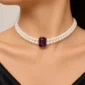 Double Strand Pearl Choker with Purple Gemstone
