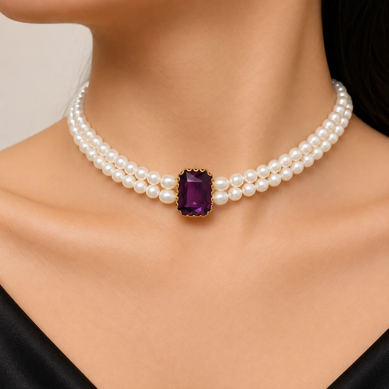 Double Strand Pearl Choker with Purple Gemstone