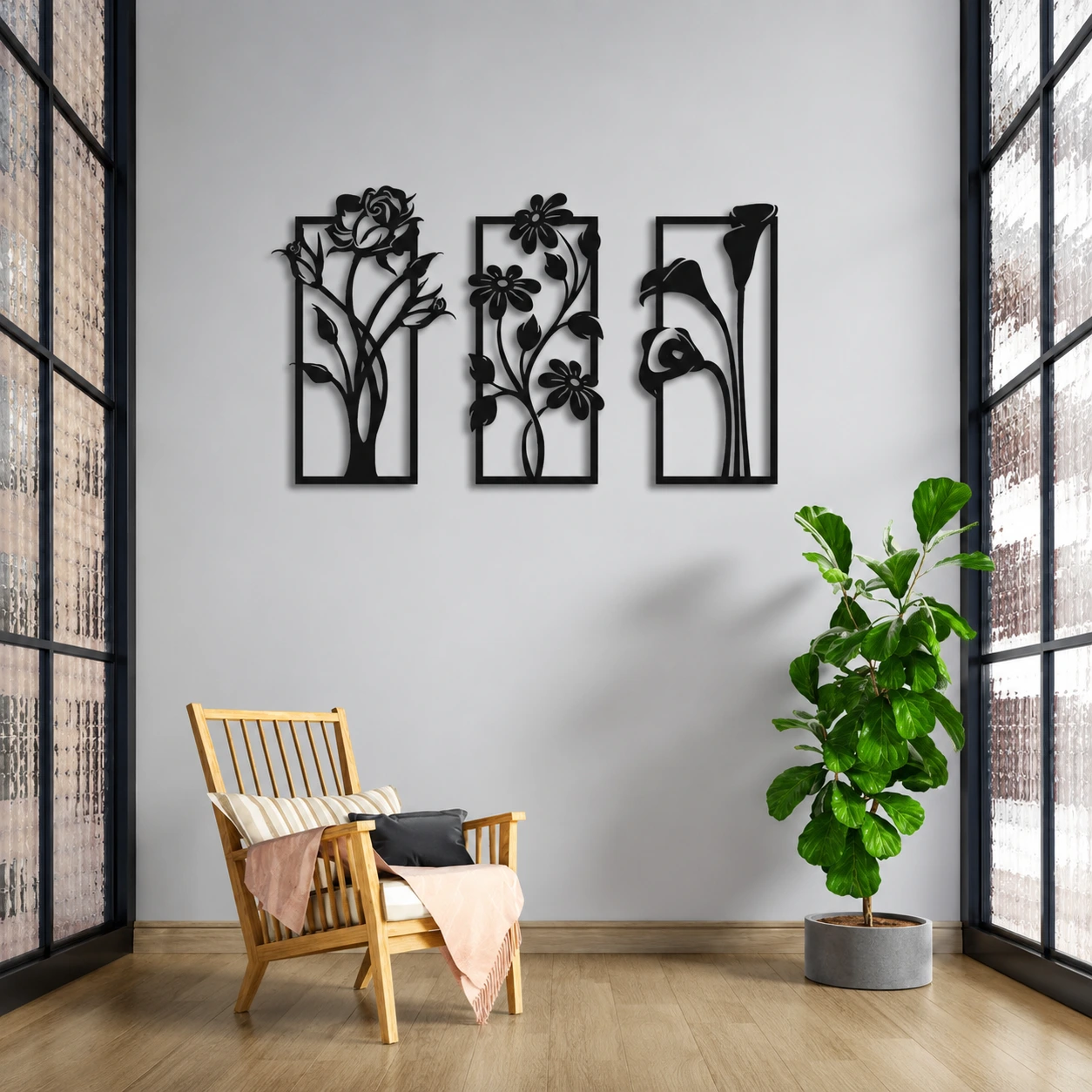 Modern interior with black floral wall art, wooden chair, green indoor plant, and large windows.