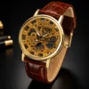 Gold Skeleton Luxury Watch with Brown Leather Strap