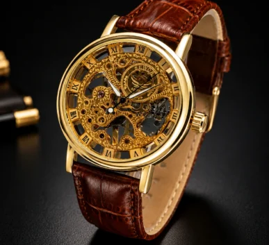 Gold Skeleton Luxury Watch with Brown Leather Strap