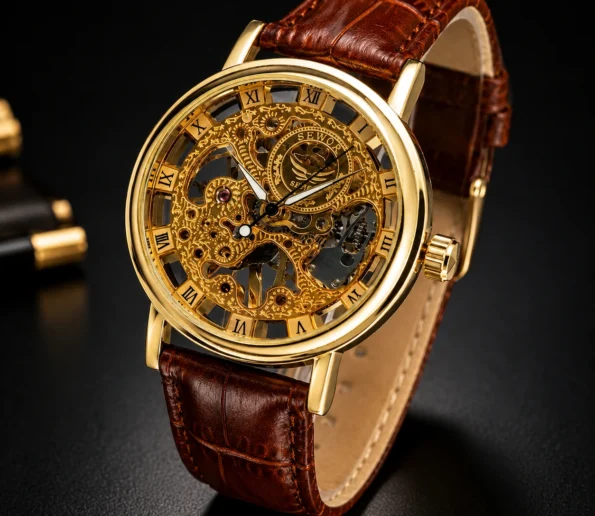Gold Skeleton Luxury Watch with Brown Leather Strap