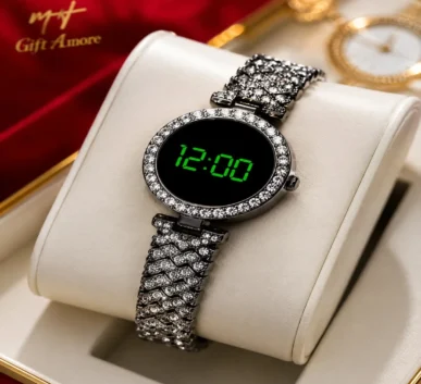 Crystal digital watch for women with rhinestone bracelet and green LED display
