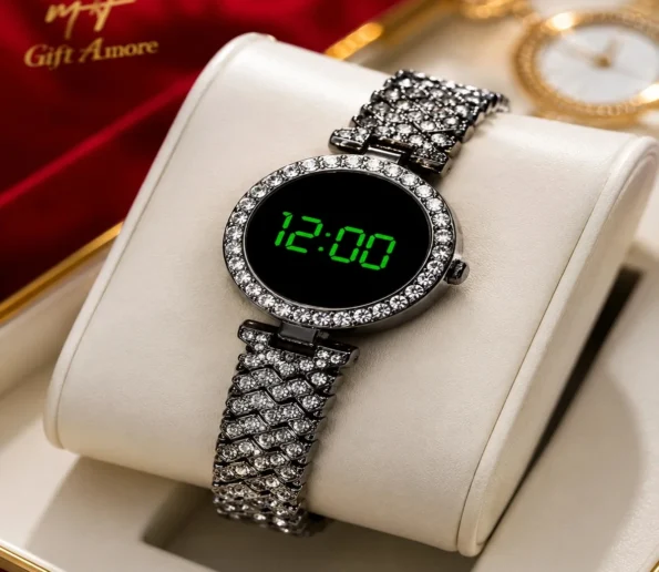 Crystal digital watch for women with rhinestone bracelet and green LED display