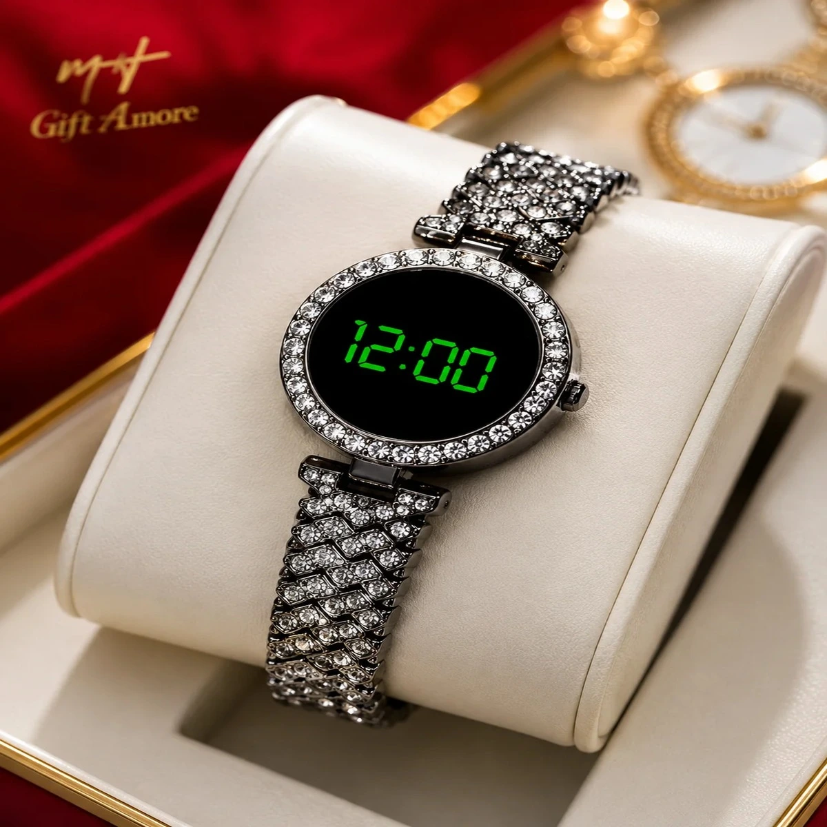Crystal digital watch for women with rhinestone bracelet and green LED display