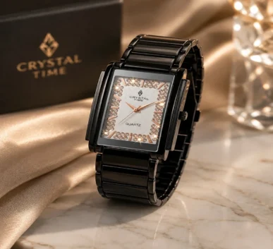 Crystal Time black rectangular quartz watch with crystal embellished dial
