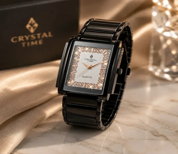 Crystal Time black rectangular quartz watch with crystal embellished dial