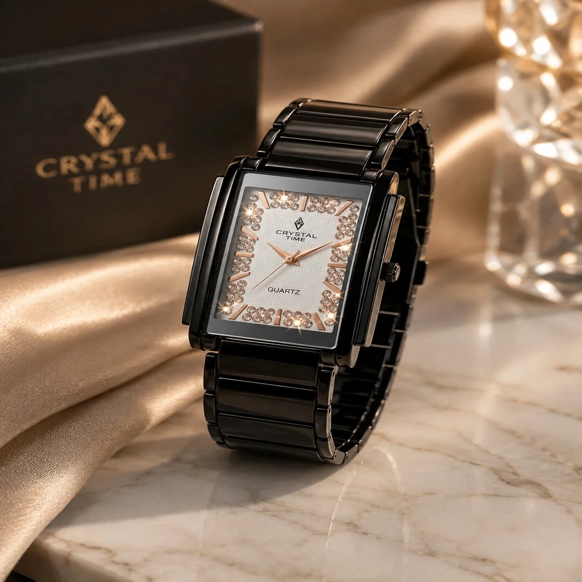Crystal Time black rectangular quartz watch with crystal embellished dial