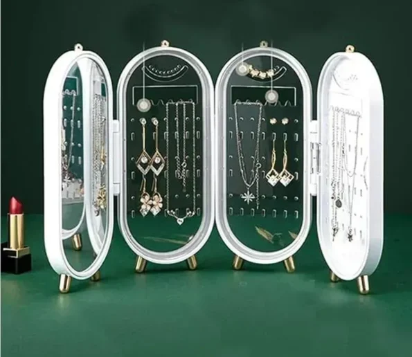 Elegant jewelry display case with assorted necklaces and earrings