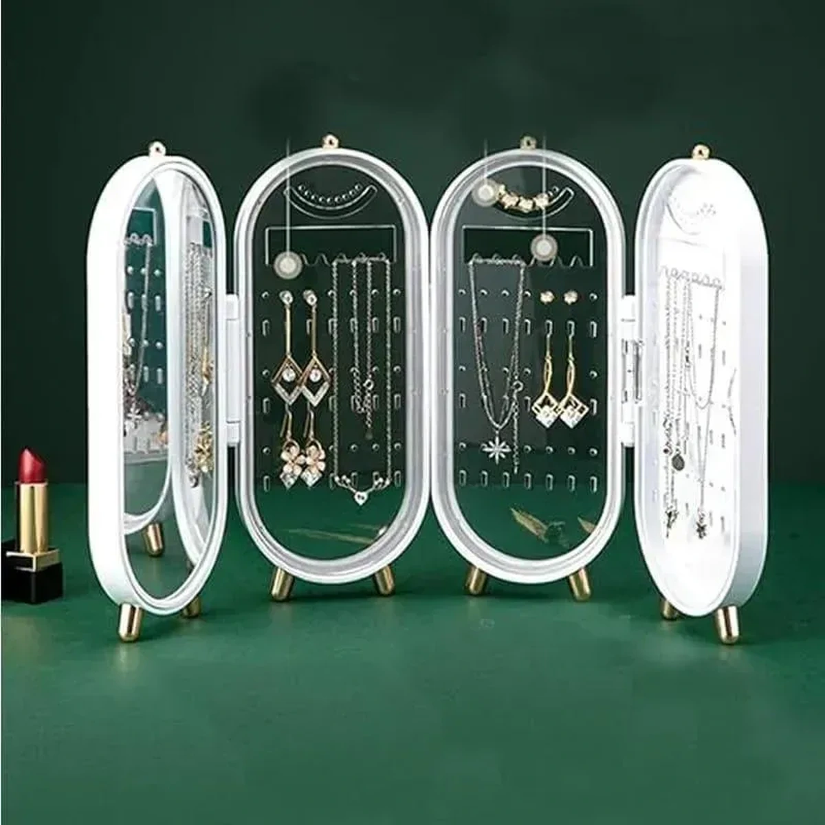 Elegant jewelry display case with assorted necklaces and earrings