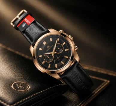 Moonston rose gold chronograph watch with black leather strap