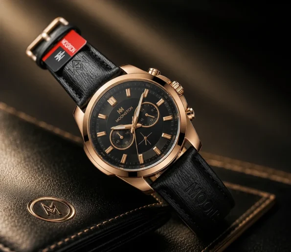 Moonston rose gold chronograph watch with black leather strap