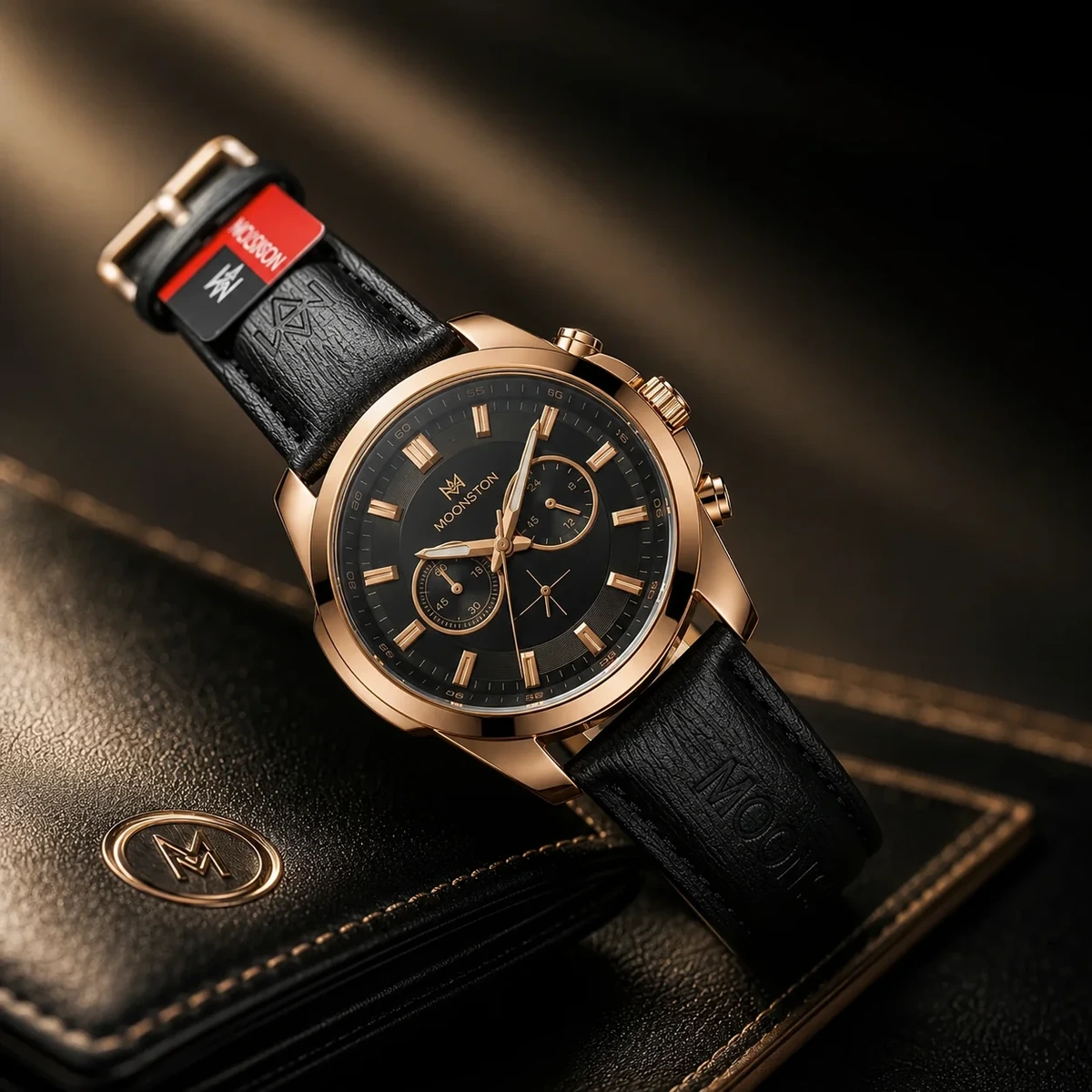 Moonston rose gold chronograph watch with black leather strap