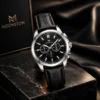 Moonston black chronograph watch with leather strap and silver case