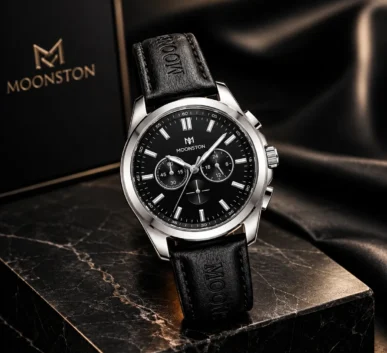 Moonston black chronograph watch with leather strap and silver case