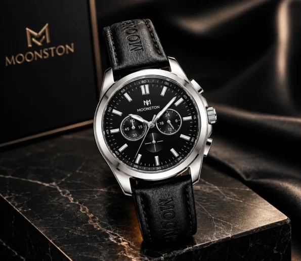 Moonston black chronograph watch with leather strap and silver case