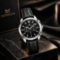 Moonston black chronograph watch with leather strap and silver case