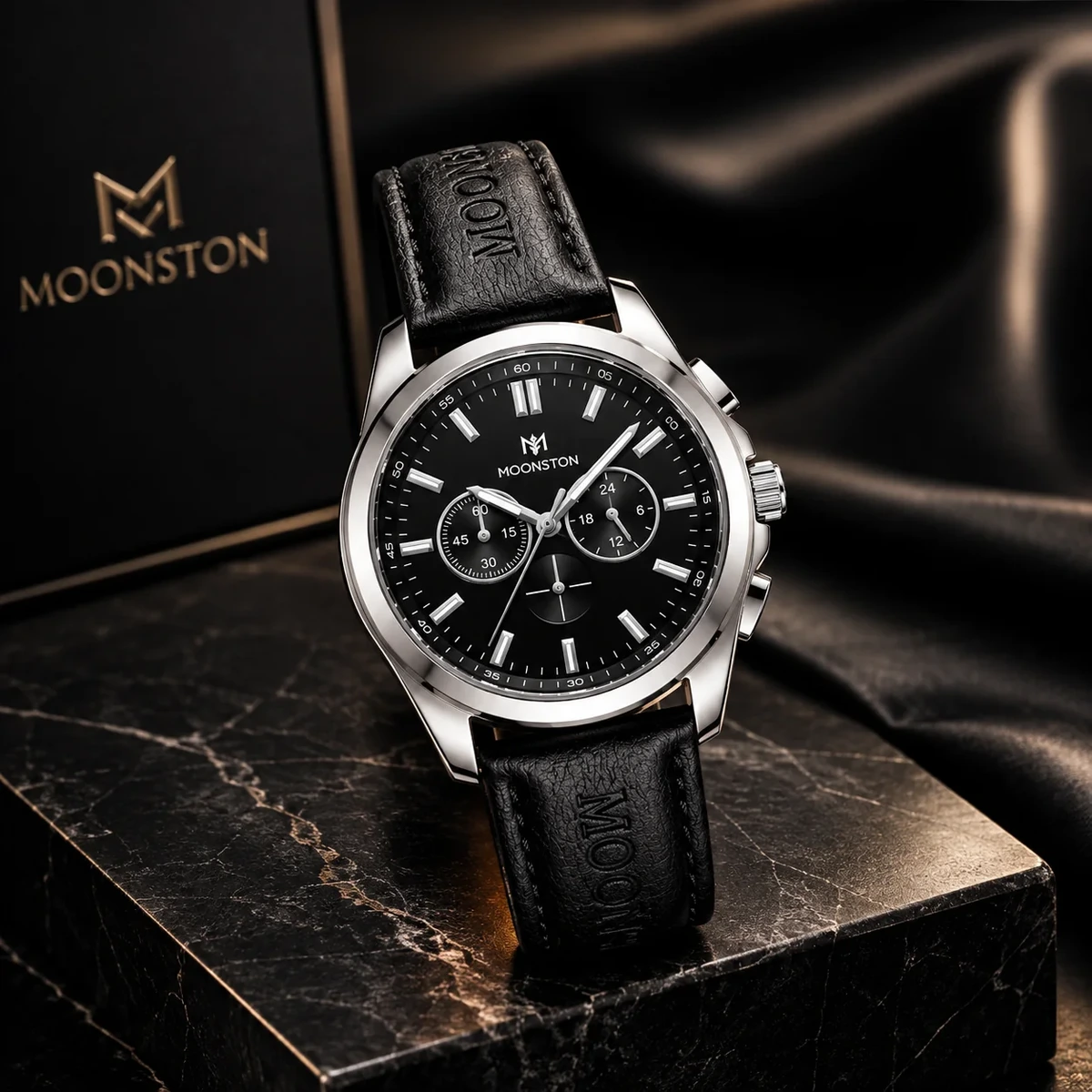Moonston black chronograph watch with leather strap and silver case