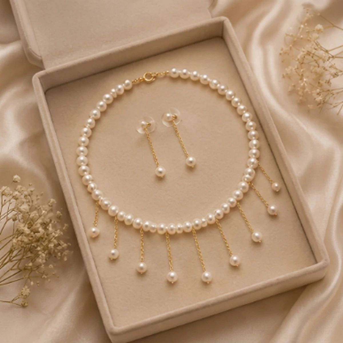 Elegant Pearl Necklace and Drop Earrings Set