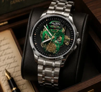 Peter Philip Geneva green skeleton luxury watch with stainless steel bracelet