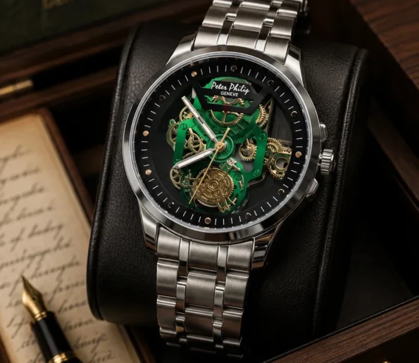 Peter Philip Geneva green skeleton luxury watch with stainless steel bracelet