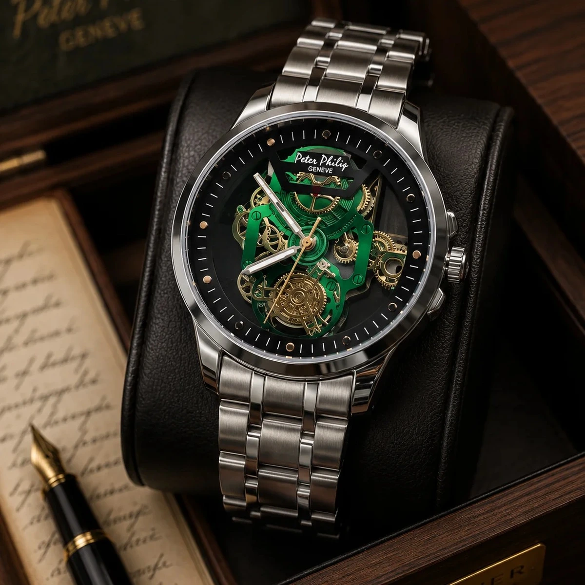 Peter Philip Geneva green skeleton luxury watch with stainless steel bracelet