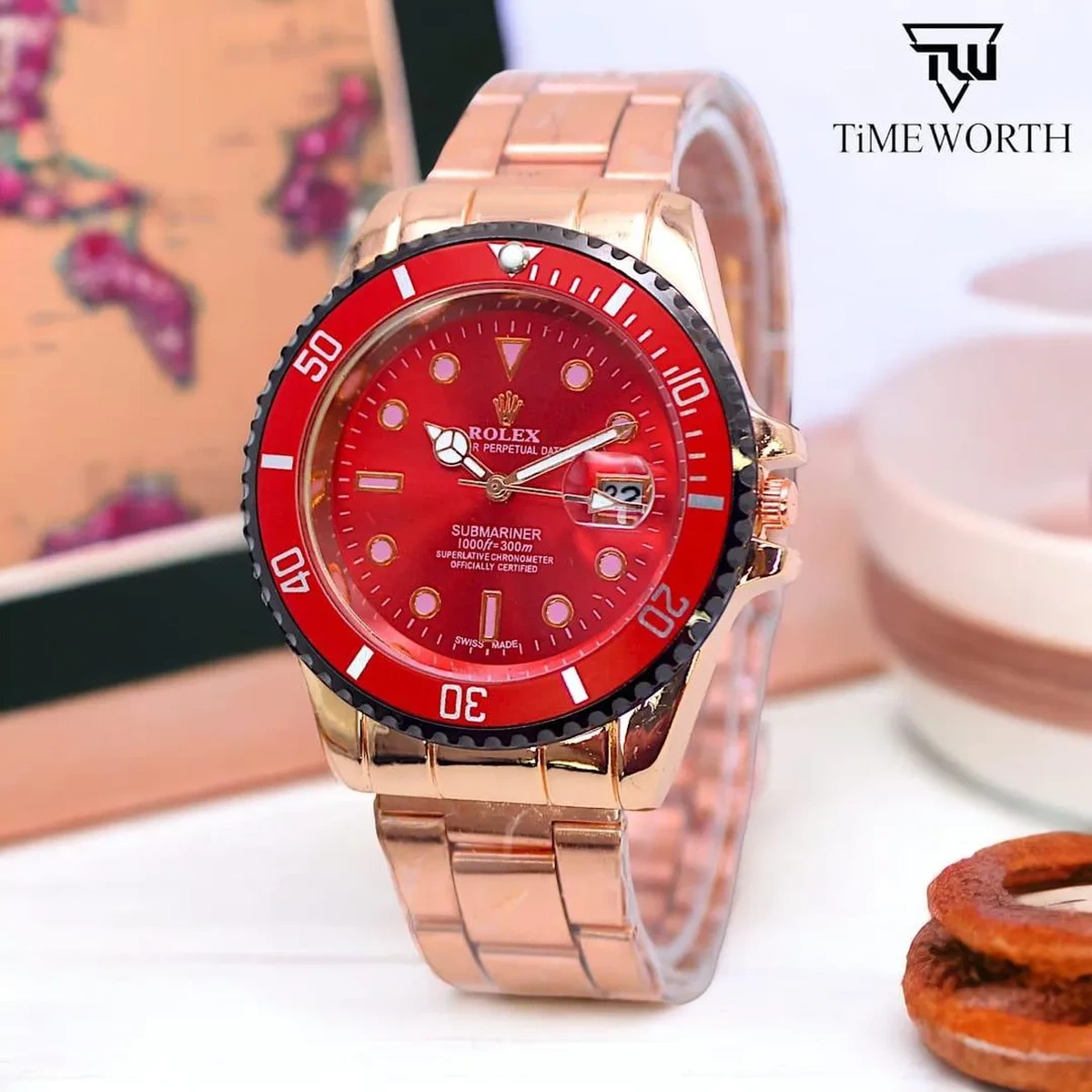 Rose Gold Red Dial Luxury Watch for Men