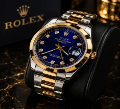 Luxury blue dial gold and silver stainless steel wristwatch