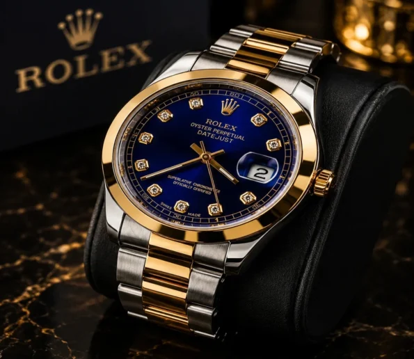 Luxury blue dial gold and silver stainless steel wristwatch