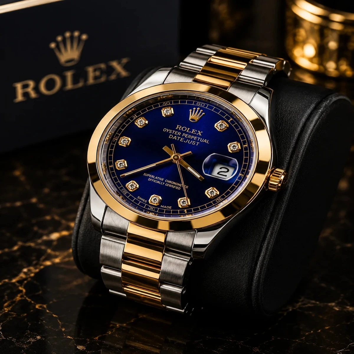 Luxury blue dial gold and silver stainless steel wristwatch