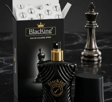 BlacKing matte black cologne bottle