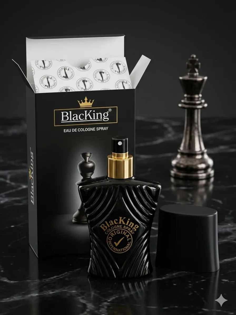 BlacKing matte black cologne bottle
