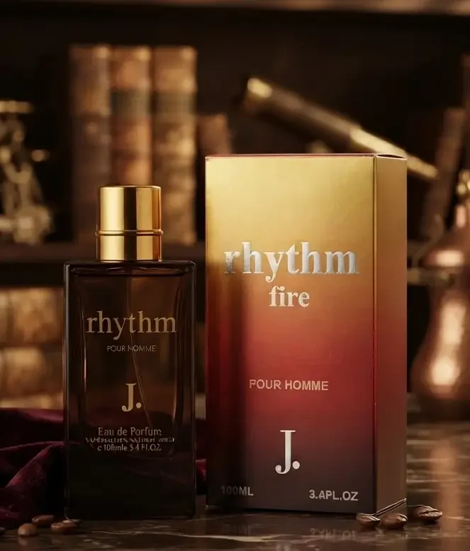 Rhythm Fire Pour Homme amber bottle