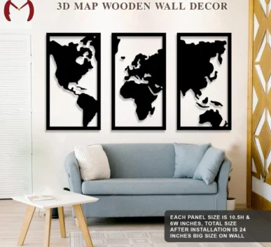 3D world map wooden wall decor displayed above a modern sofa