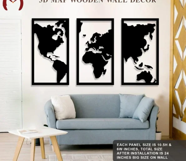 3D world map wooden wall decor displayed above a modern sofa