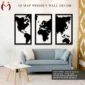 3D world map wooden wall decor displayed above a modern sofa