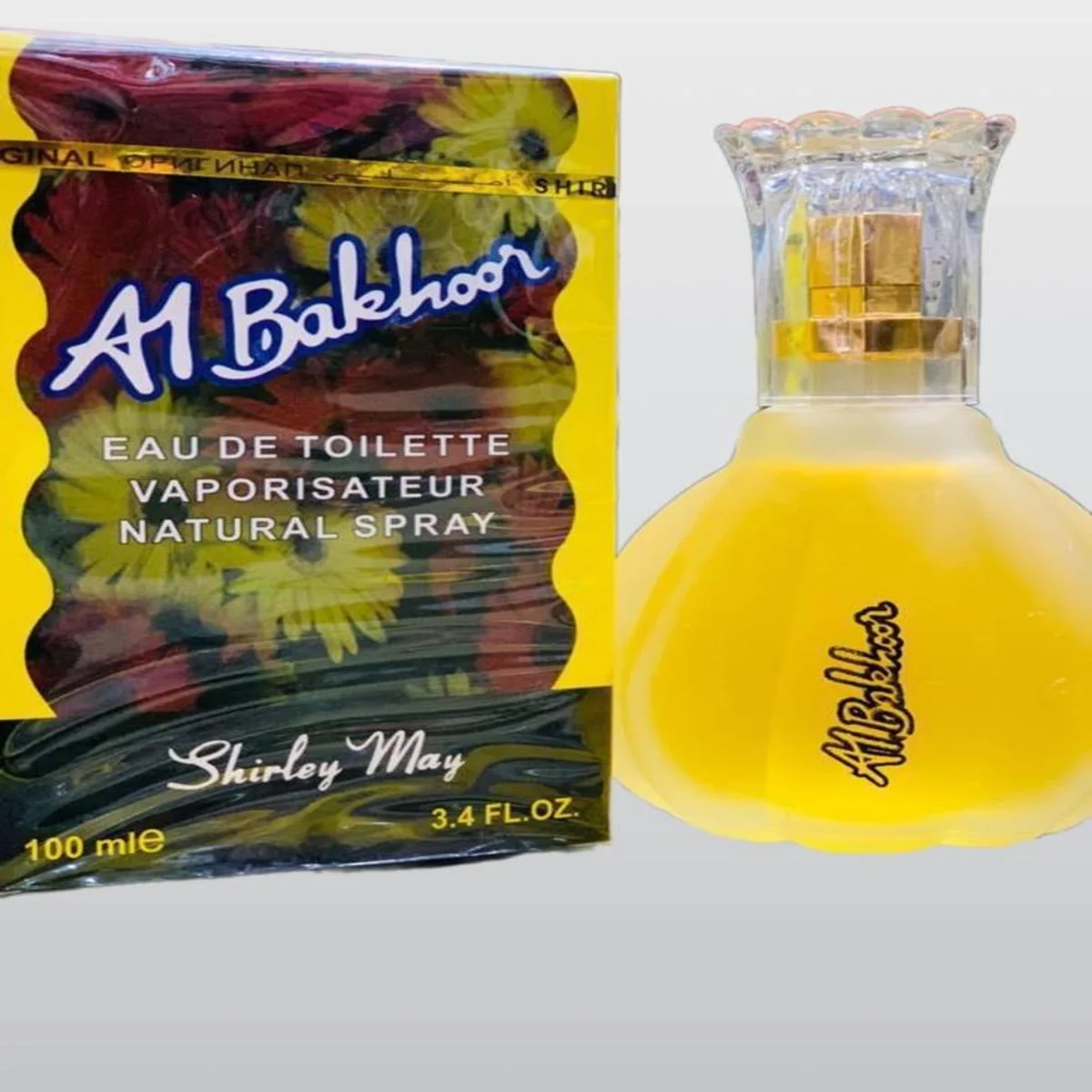 Al Bakhoor Shirley May yellow perfume bottle
