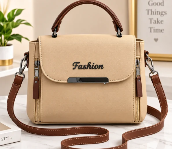 Beige and brown women’s handbag with a top handle