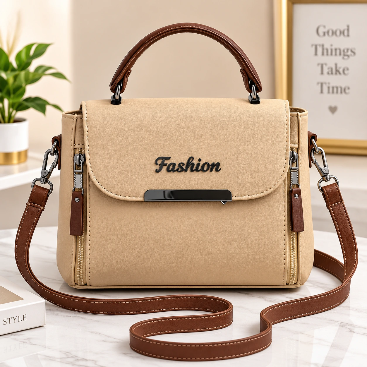 Beige and brown women’s handbag with a top handle