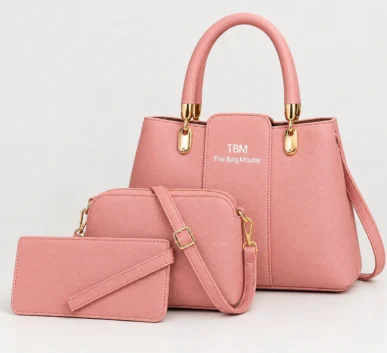 Pink 3-piece handbag set for women featuring a handbag,