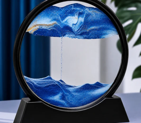 3D moving sand art in blue ocean design with flowing sand waves inside a round glass frame.